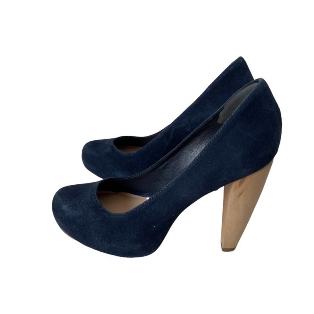 Loeffler Randall Esther Platform Pump Wooden Heel Suede Navy Blue 5 EUC